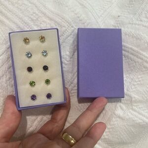 5 Pair Stud Semi-precious Stone Silver Garnet, Peridot, Topaz, Citrine, Amethyst